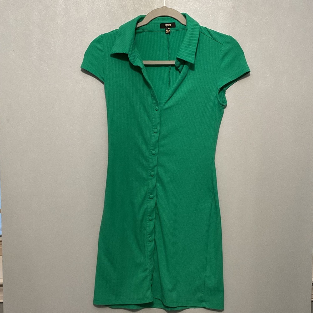REVOLVE AFRM Green Ribbed Collared Button Front Short Sleeve Mini Dress XS - Picture 4 of 4